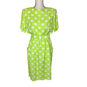 Vintage By Berkeley Green & White polka Dot Sheath Dress Sz 10